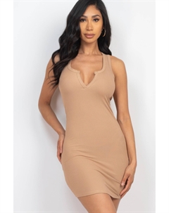 Женское ребристое мини-платье с разрезом на шее, цвет latte Fashnzfab