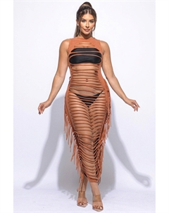 Платье макси с вырезом и бахромой, коричневый Fashnzfab