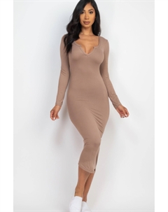 Женское платье миди с разрезом на шее и длинными рукавами, серо-коричневый Fashnzfab