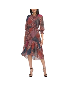 Женское платье миди с принтом и завязками по бокам, цвет navy multi Vince camuto