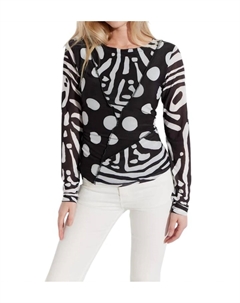 Сетчатый топ с круглым вырезом и принтом в стиле пэчворк черного/белого цвета Oolala