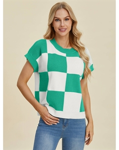 Полноразмерный клетчатый свитер с круглым вырезом и короткими рукавами, бирюзовый Fashnzfab