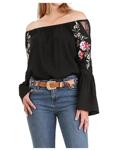 Топ с цветочной вышивкой и рукавами-колокольчиками черного цвета Umgee