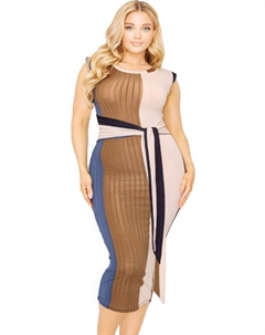 Плюс трикотажное платье без рукавов с цветными блоками и завязкой на талии, цвет sepia blue Fashnzfab