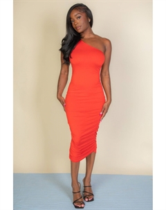 Женское сексуальное однотонное облегающее платье миди с оборками на одно плечо, цвет poinciana Fashnzfab