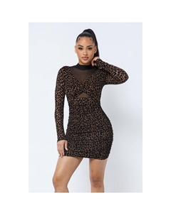 Мини-платье с анималистичным принтом, длинными рукавами и воротником-стойкой, коричневый Fashnzfab
