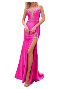 Приталенное блестящее атласное платье без рукавов с разрезом цвета фуксии, фуксия Nox anabel
