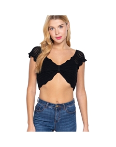 Укороченный свитер с коротким рукавом и V-образным вырезом спереди, декорированный узлом, черный Fashnzfab