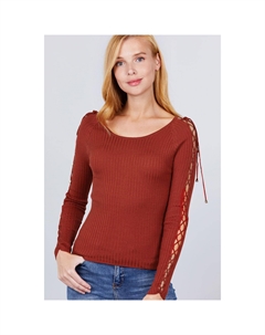 Длинный рукав с бретельками и круглым вырезом, ребристый свитер, цвет rust Fashnzfab