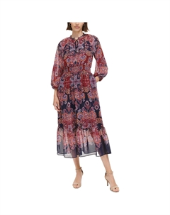 Женское платье миди с цветочным принтом и сборками, цвет navy multi Vince camuto