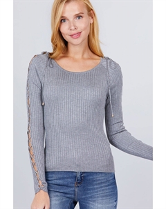 Длинный рукав с бретельками и круглым вырезом, ребристый свитер, цвет heather grey Fashnzfab