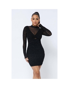 Мини-платье с анималистичным принтом, длинными рукавами и воротником-стойкой, черный Fashnzfab