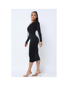 Платье миди с длинными рукавами, глубоким V-образным вырезом спереди и сзади, сборками по бокам и на груди, черный Fashnzfab