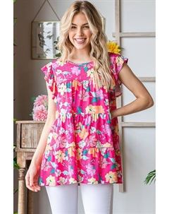 Блузка большого размера с цветочным принтом и оборками на рукавах, многоуровневая, цвет fuchsia multi Fashnzfab
