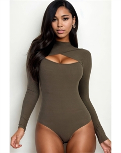 Женский Боди с Вырезом Спереди И Длинными Рукавами, оливковый Fashnzfab