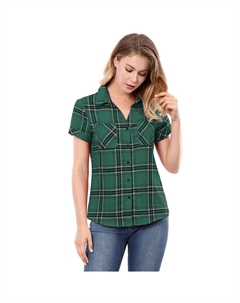 Женская рубашка в клетку с короткими рукавами на пуговицах спереди и бойфрендом, зеленый Allegra k
