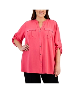 Плюс Женский Топ с Застежкой На Пуговицах, Карманами Переда, Подвернутыми Рукавами, цвет rosebud Calvin klein