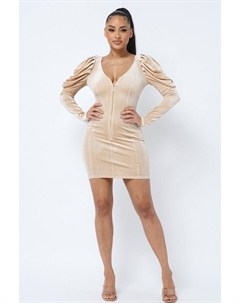 Мягкое бархатное мини-платье с плиссированными рукавами-фонариками, глубоким V-образным вырезом спереди и сзади, цвет nude Fashnzfab