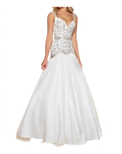 Бальное платье с расшитым бисером лифом, облегающее и расклешенное, белого/серебристого цвета Mac duggal