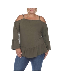 Плюс Женский Крестьянский Топ с Оборками Подол Открытые Плечи, оливковый White mark