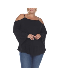 Плюс Женский Крестьянский Топ с Оборками Подол Открытые Плечи, черный White mark