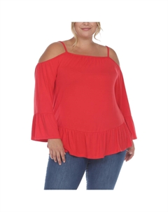 Плюс Женский Крестьянский Топ с Оборками Подол Открытые Плечи, красный White mark