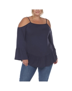 Плюс Женский Крестьянский Топ с Оборками Подол Открытые Плечи, темно-синий White mark