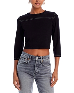 Женская укороченная футболка с круглым вырезом и длинными рукавами, цвет black cream with stitch Redone