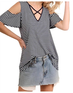 Полосатый топ с открытыми плечами в темно-синем и белом цвете Umgee