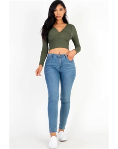 Топ с длинными рукавами и ребристым запахом спереди, оливковый Fashnzfab