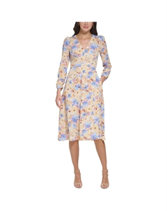 Женское платье миди с цветочным принтом и V-образным вырезом, синий Vince camuto