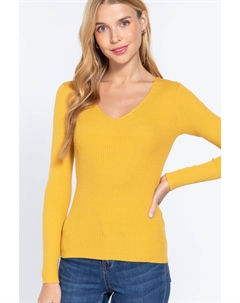 Свитер из вискозы в рубчик с V-образным вырезом, цвет honey mustard Fashnzfab