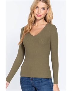 Свитер из вискозы в рубчик с V-образным вырезом, цвет french olive Fashnzfab