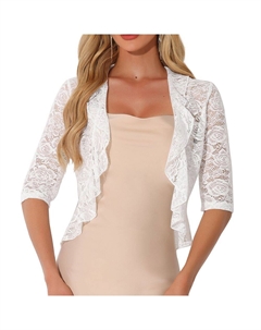 Кружевной кардиган для женщин на вечернюю свадьбу, рукав 3/4, рюшами по краю, элегантное плечо, белый Allegra k