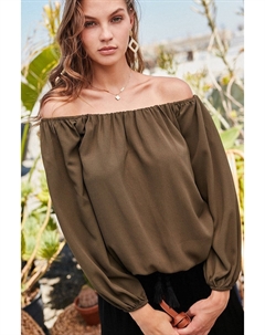 Однотонный топ с открытыми плечами и длинными рукавами-фонариками, оливковый Fashnzfab
