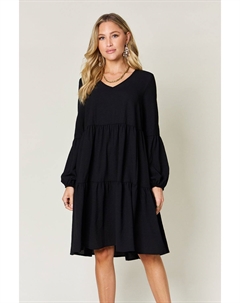 Платье большого размера с V-образным вырезом, рукавами-фонариками и карманами, черный Fashnzfab