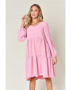 Платье большого размера с V-образным вырезом, рукавами-фонариками и карманами, розовый Fashnzfab