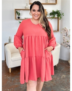 Платье большого размера с V-образным вырезом, рукавами-фонариками и карманами, цвет coral Fashnzfab