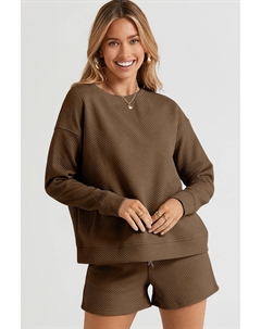 Комплект из полноразмерного фактурного топа с длинными рукавами и шорт на завязках, цвет chestnut Fashnzfab