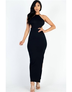 Женское Платье Макси с Открытой Спиной и Разрезом На Бедре, черный Fashnzfab