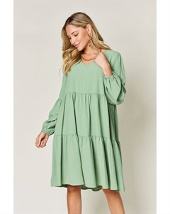 Платье большого размера с V-образным вырезом, рукавами-фонариками и карманами, светло-зеленый Fashnzfab