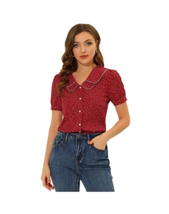 Женская летняя рубашка-топ с короткими рукавами и воротником Питера Пэна в горошек, красный Allegra k