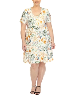 Плюс Женское Платье-трапеция с цветочным принтом длиной до колена, белый White mark