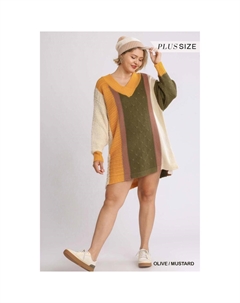 Платье-свитер из разноцветной букле большого размера с V-образным вырезом и разрезом сбоку, оливковый/горчичный Fashnzfab