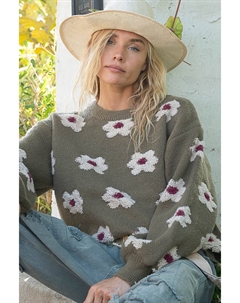 Узор «Ромашка» свитер с заниженной линией плеч, оливковый Fashnzfab