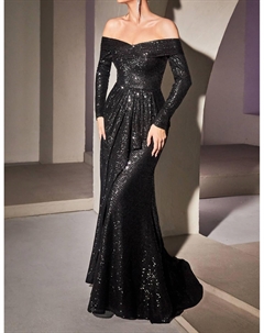 Вечернее платье с открытыми плечами и длинными рукавами черного цвета Cinderella divine