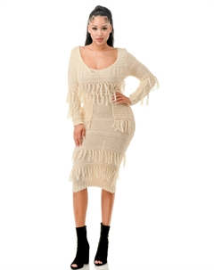 Женское трикотажное платье с длинными рукавами и бахромой, слоновая кость Fashnzfab