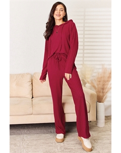 Комплект из топа с капюшоном и прямыми брюками в рубчик на шнурке в полный рост, темно-красный Fashnzfab