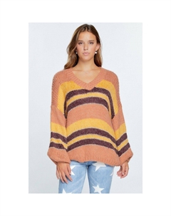 Уютный свитер-пуловер в полоску из плотной вязки с V-образным вырезом, цвет rust Fashnzfab