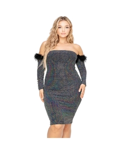 Плюс Платье с открытыми плечами и отделкой из перьев, черный/серебряный Fashnzfab